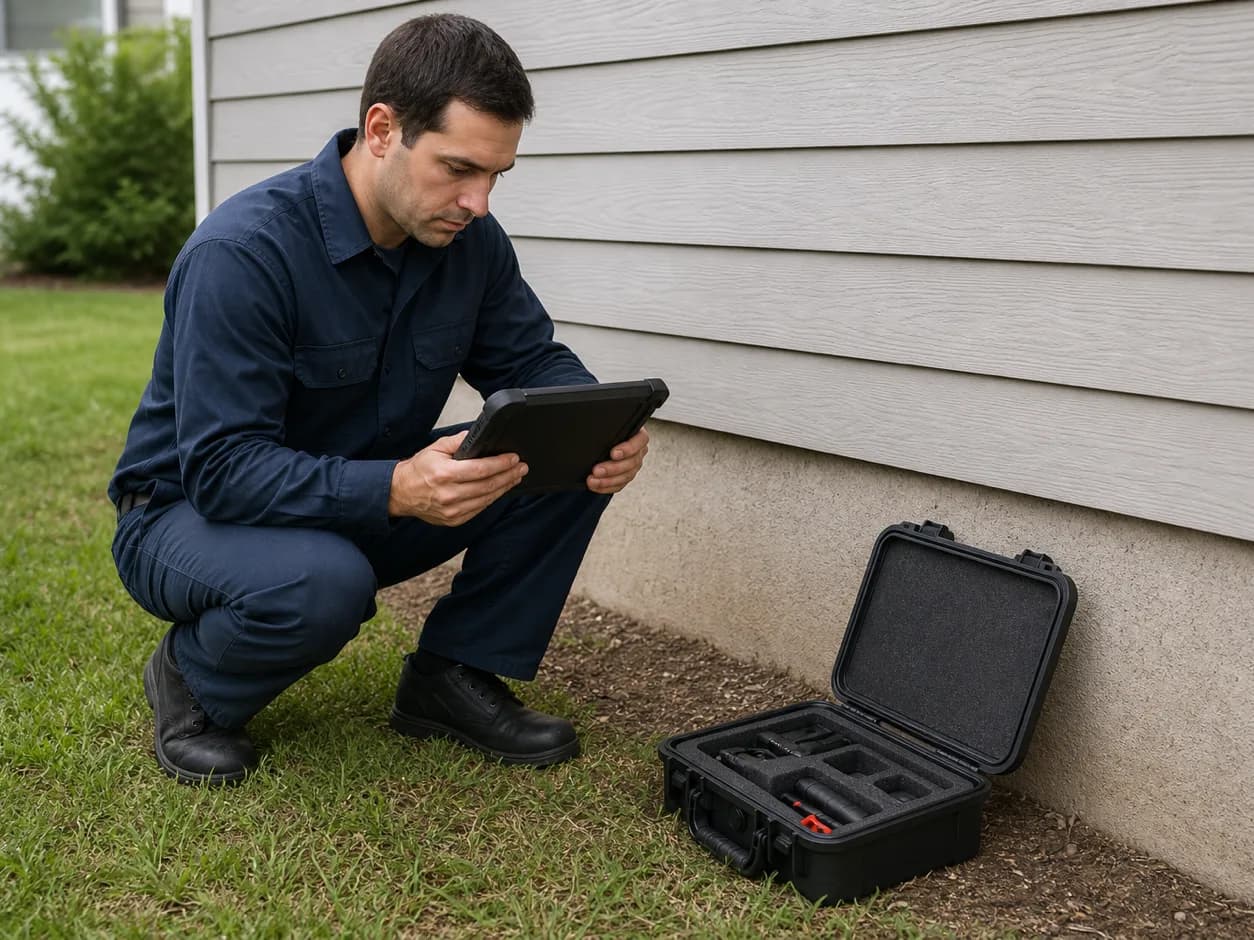 Technician reviewing property service history on a rugged tablet outdoors