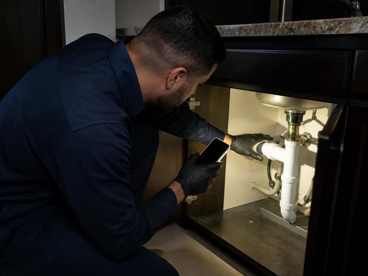 Technician inspecting pipework under a sink using a smartphone as a work light
