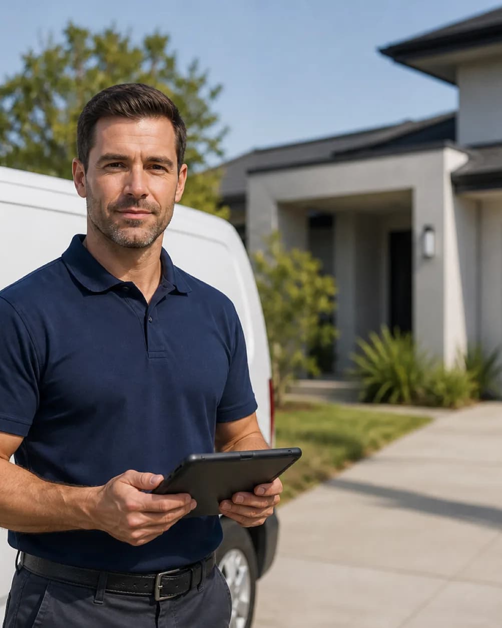 Pest control technician holding a tablet beside a service van outside a suburban home
