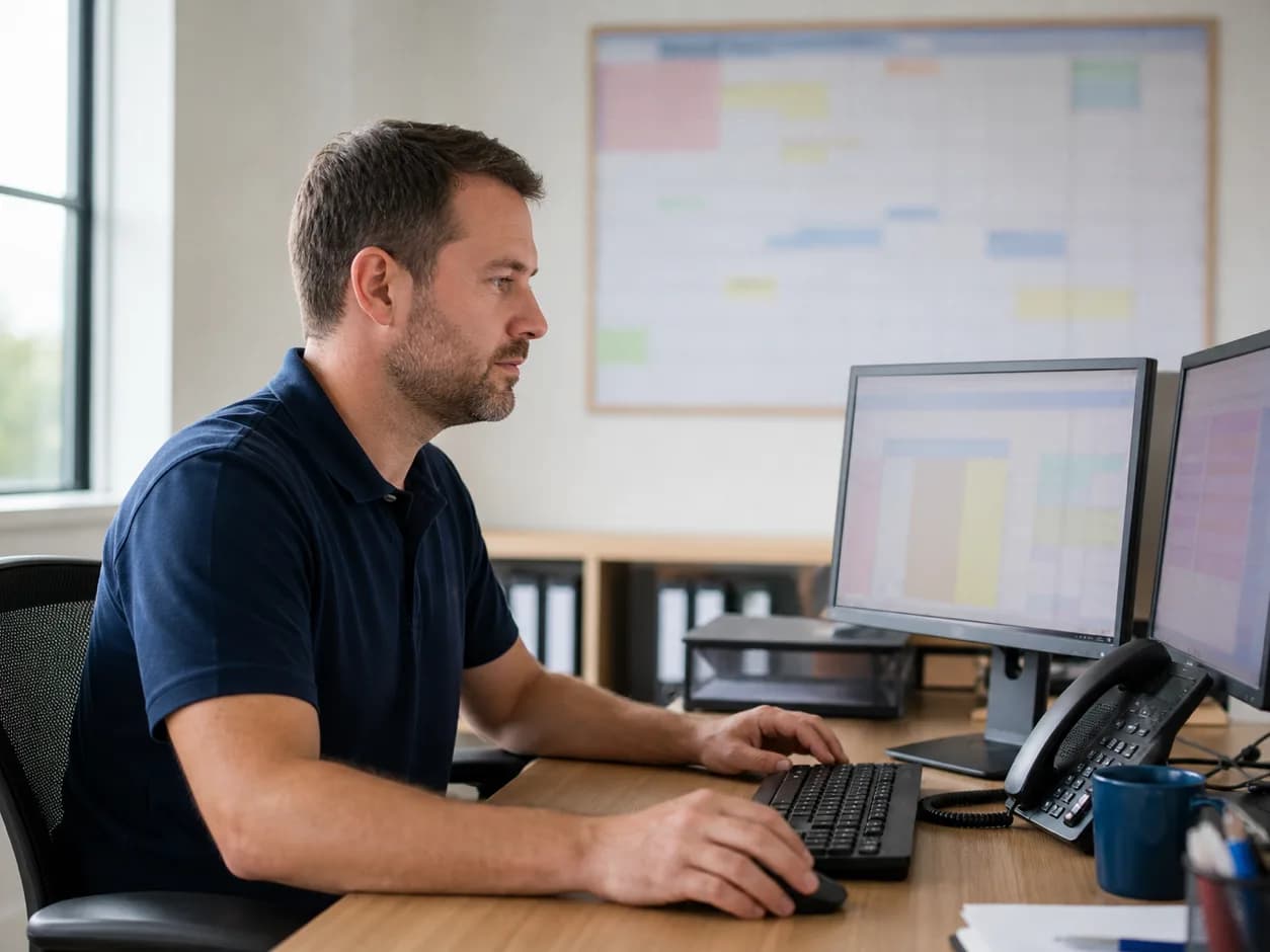 Operations coordinator managing jobs from a desk in a pest control office