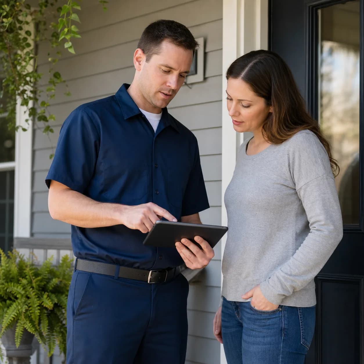 Technician showing a quote on a tablet to a homeowner at their front door