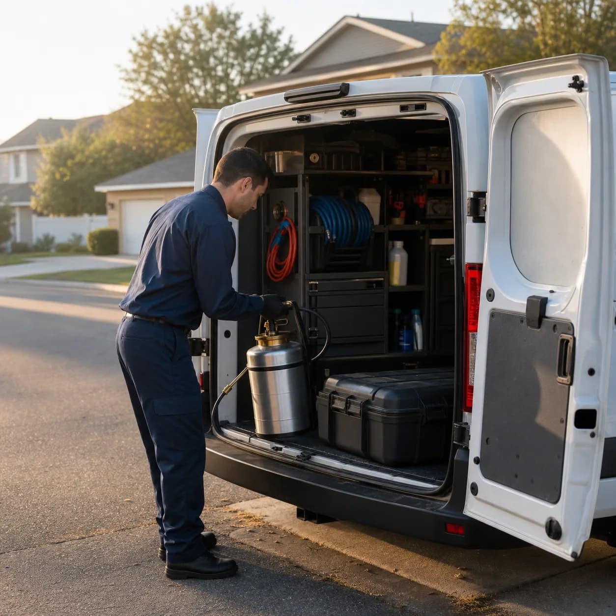Technician loading spray equipment into a service van in the early morning