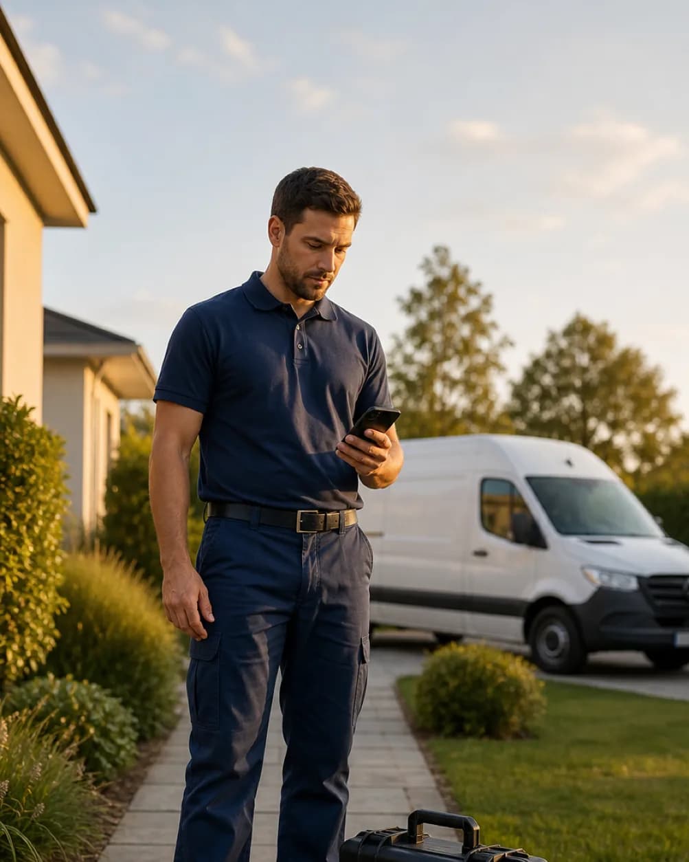 Technician updating a job on a smartphone while working in a residential garden